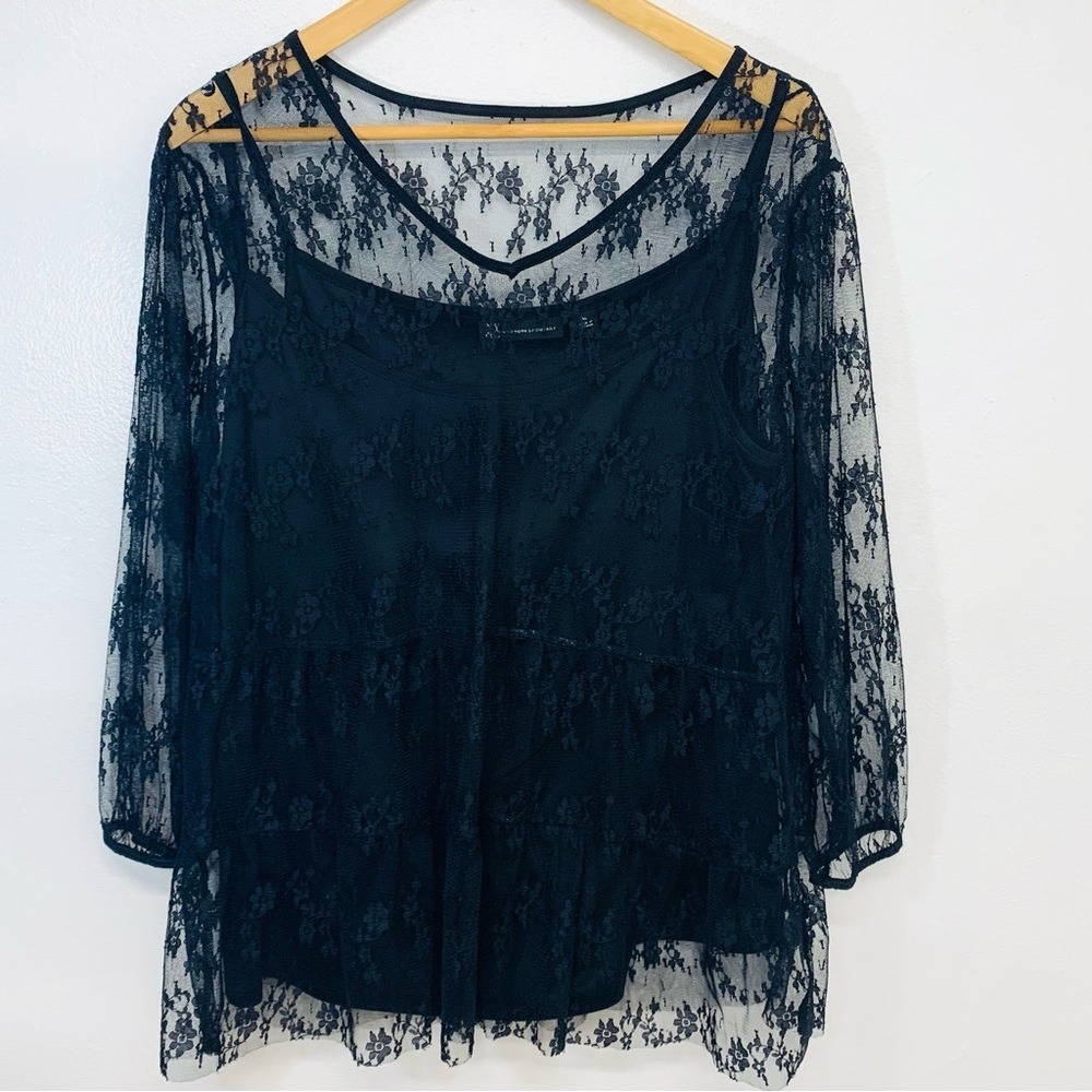 NY Co Black Blouse Top XL Sheer Lace Overlay Ruffle Whimsygoth Boho Fairy New
